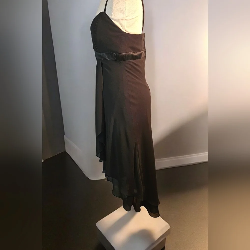 Black Asymmetrical Dress. Satin Waist. Flowy Hem. Size 8. Spaghetti Staps - Picture 6 of 7